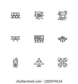 Collection of 9 aircraft outline icons include icons such as aeroplane, plane, seats, airship, airplane, airport, stewardess