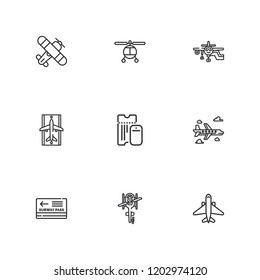 Collection of 9 airline outline icons include icons such as helicopter, plane, pass, boarding pass, airplane