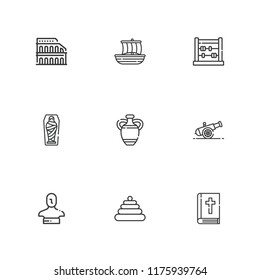 Collection of 9 ancient outline icons include icons such as pyramid, vase, cannon, colosseum, trireme, abacus, statue, mummy