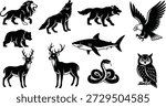 A collection of 9 animal silhouettes, featuring a lion, wolf, bear, eagle, bear, shark, deer, snake, and owl