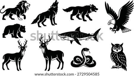 A collection of 9 animal silhouettes, featuring a lion, wolf, bear, eagle, bear, shark, deer, snake, and owl