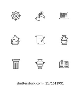 Collection of 9 antique outline icons include icons such as perfume, abacus, rudder, sculpture, bible, column, vase