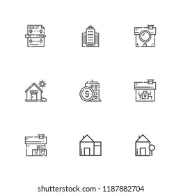 Collection of 9 apartment outline icons include icons such as house, office building, planning