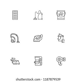 Collection of 9 appliance outline icons include icons such as hair dryer, iron, vacuum cleaner, coffee maker, chimney