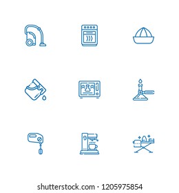 Collection of 9 appliance outline icons include icons such as mixer, oven, vacuum cleaner, microwave, burner, lemon squeezer, bucket, coffee maker