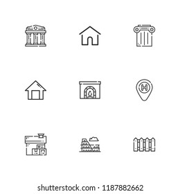 Collection of 9 architecture outline icons include icons such as hotel, home, colosseum, chimney, fence, column, parthenon
