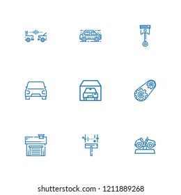 Collection of 9 automotive outline icons include icons such as engine, garage, car, automotive