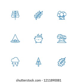 Collection of 9 autumn outline icons include icons such as pine, witch hat, raining, cauldron, mushroom, oak leaf, forest, branch