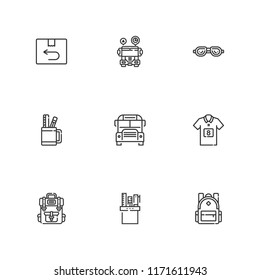 Collection of 9 back outline icons include icons such as return, swimming, school bus, pencil case, football jersey