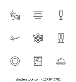 Collection of 9 banquet outline icons include icons such as champagne glass, plates, plate, dinner, spoon, meal