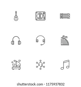 Collection of 9 bass outline icons include icons such as headphones, musical note, guitar, harp, accordion, gramophone