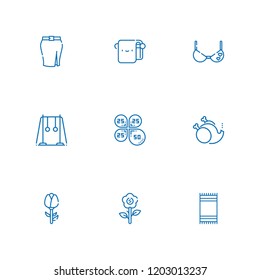Collection of 9 beauty outline icons include icons such as bath towel, rings, bra, petals, skirt, without, rose, flower