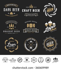 Collection of 9 Beer Logos, Badges, Stamps and Labels Design. Vector illustration