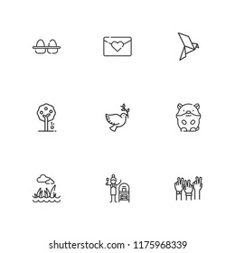Collection of 9 bird outline icons include icons such as fruit tree, bird, dove, peace, love letter, lawn, hamster, eggs