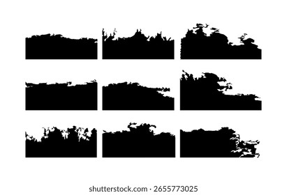 Una colección de 9 Formas grunge de borde desgarrado negro, perfecto para usar como bordes angustiados, efectos de lágrima de papel o marcos grunge ásperos en arte digital y diseño de impresión.