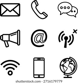 Una colección de 9 íconos de comunicación en blanco y negro, incluyendo símbolos para teléfono, correo electrónico, mensajería, megáfono, Internet y dispositivos móviles, que representan varias formas de comunicación en línea y fuera de línea.
