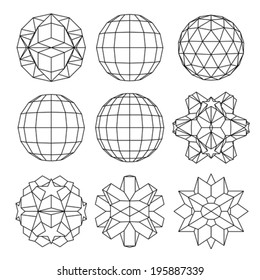 Collection of 9 black and white complex dimensional spheres and abstract geometric figures. Set of fractal 3D monochrome symbolic objects.