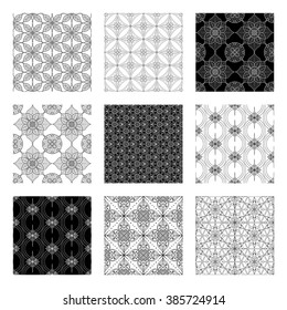 Collection of 9 black and white geometric background patterns. Vector illustration.