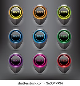 Collection of 9 blank map markers. Modernly designed with circular design, realistic and transparent glass shine on the black background. Vector illustration. Eps10.