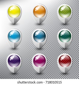 Collection of 9 blank map markers. White location icons with transparent glass in 9 different colors. Isolated on the white background. Vector illustration. Eps10.