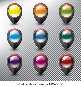 Collection of 9 blank map markers. Black location icons with transparent glass in 9 different colors. Isolated on the white background. Vector illustration. Eps10.