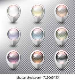 Collection of 9 blank map markers. Location icons. White with transparent glass in 9 different colors. isolated with realistic shine and shadow on the light background. Vector illustration. Eps10.