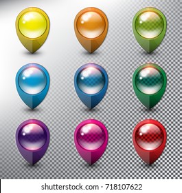Collection of 9 blank map markers. Colorful location icons with transparent glass in 9 different colors. Isolated on the white background. Vector illustration. Eps10.