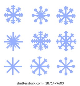 Colección de 9 iconos azules simples copos de nieve cortados en un fondo blanco. 