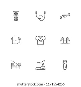 Collection of 9 body outline icons include icons such as bath towel, skipping rope, dress, biathlon, diving suit, football jersey, treadmill, weightlifting