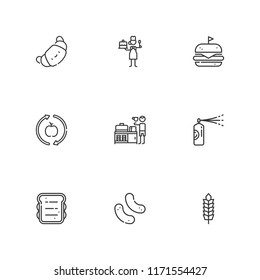 Collection of 9 bread outline icons include icons such as wheat, breakfast, croissant, pastry chef, hamburger, pastry cream, sandwich, snack
