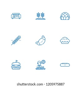 Collection of 9 bread outline icons include icons such as croissant, hamburger, crepe maker, pie, baguettes, cereal, wheat