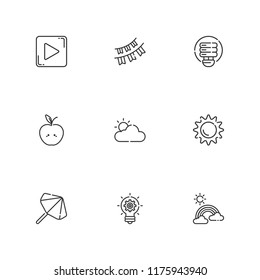 Collection of 9 bright outline icons include icons such as idea, parasol, garlands, light bulb, sun, apple, play button, cloudy