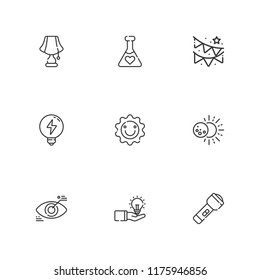 Collection of 9 bright outline icons include icons such as lamp, eye, idea, light bulb, potion, eclipse, sun, garland
