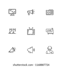 Collection of 9 broadcasting outline icons include icons such as tv, megaphone, live news, loudspeaker, satellite dish, news reporter, television