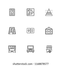 Collection of 9 brochure outline icons include icons such as menu, stand, pyramid chart, poster