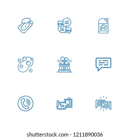 Collection of 9 bubble outline icons include icons such as phone call, soap, chat, fountain, maps