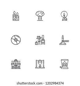 Collection of 9 burn outline icons include icons such as burner, cd, explosion, stove, fire station, match, bonfire