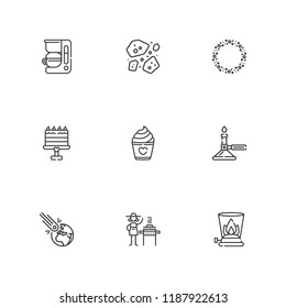 Collection of 9 burning outline icons include icons such as burner, asteroid, asteroids, cake