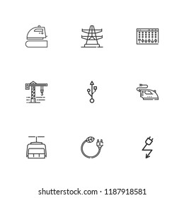 Collection of 9 cable outline icons include icons such as electricity, plug, chairlift, studio mixer, electric tower, usb, crane