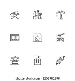 Collection of 9 cable outline icons include icons such as crane, plug, aerial tramway, studio mixer, electric tower, web plugin, cable car, components