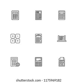 Collection of 9 calculation outline icons include icons such as calculator, abacus
