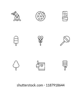 Collection of 9 candy outline icons include icons such as cookies, popsicle, cotton candy, lollipop, chocolate, candy, marshmallow