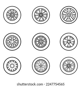 Una colección de nueve ruedas y neumáticos forjados de coches de diferentes formas: llanto, hexágono y otros. Ilustración del doodle del contorno del vector.