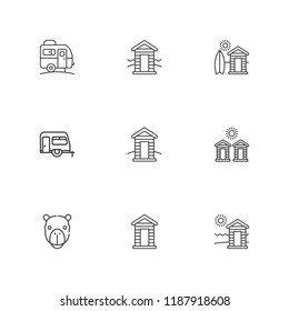 Collection of 9 caravan outline icons include icons such as trailer, cabins, camel, cabin