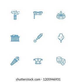 Collection of 9 carnival outline icons include icons such as fireworks, confetti, joker, eye mask, mask, roller coaster