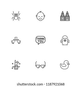 Collection of 9 cartoon outline icons include icons such as glasses, duck, ghost, ice cream, speech bubble, baby, love birds, rabbit