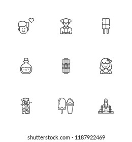 Collection of 9 cartoon outline icons include icons such as rocket launch, girl, dynamite, boy, clown, ice cream, cookies