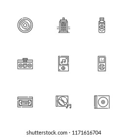 Collection of 9 cd outline icons include icons such as flash disk, music player, tape player, cd, police box, vhs