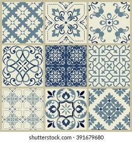 Collection of 9 ceramic tiles in blue and gray
