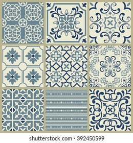Collection of 9 ceramic tiles in blue and gray